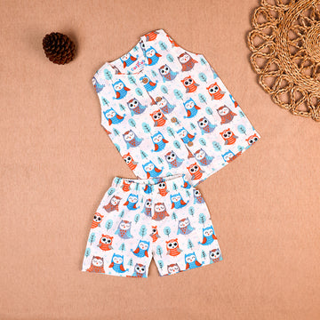 Cute Owl Print Cotton Jabla & Shorts Co-ord Set for Boys