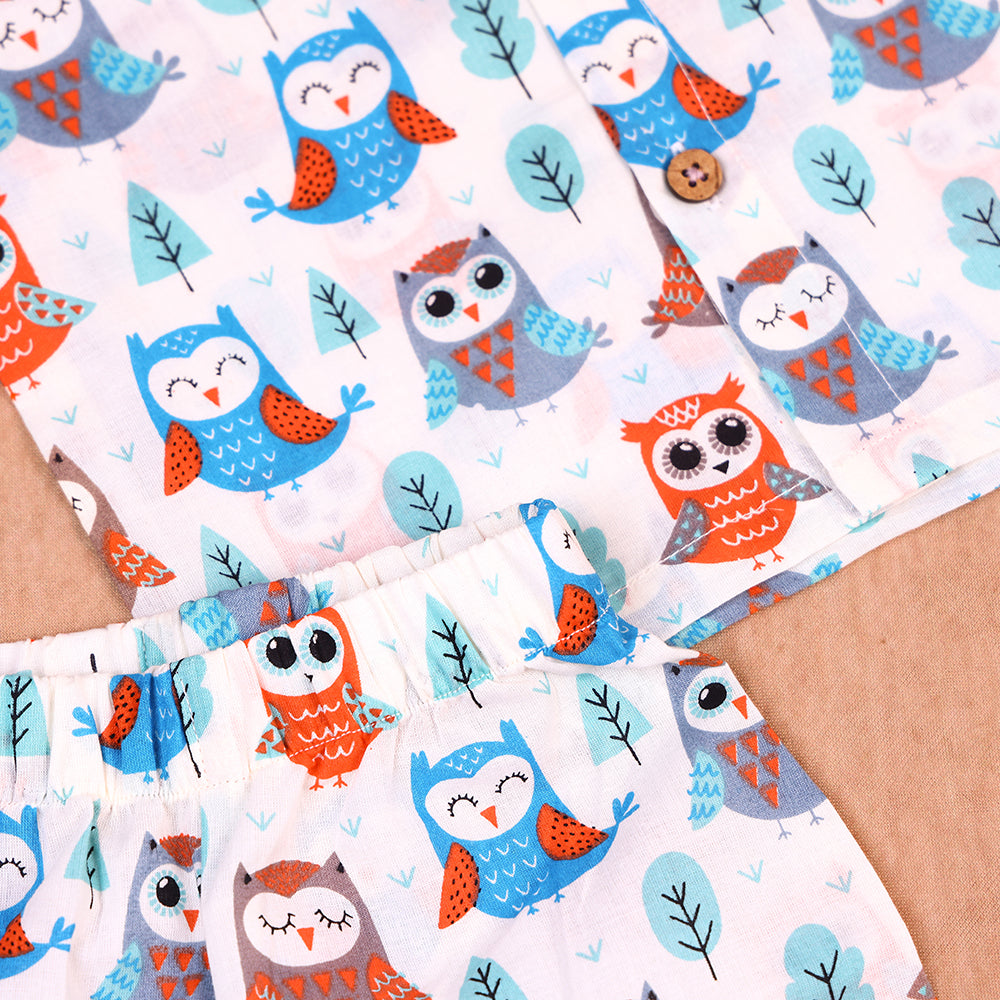 Cute Owl Print Cotton Jabla & Shorts Co-ord Set for Boys