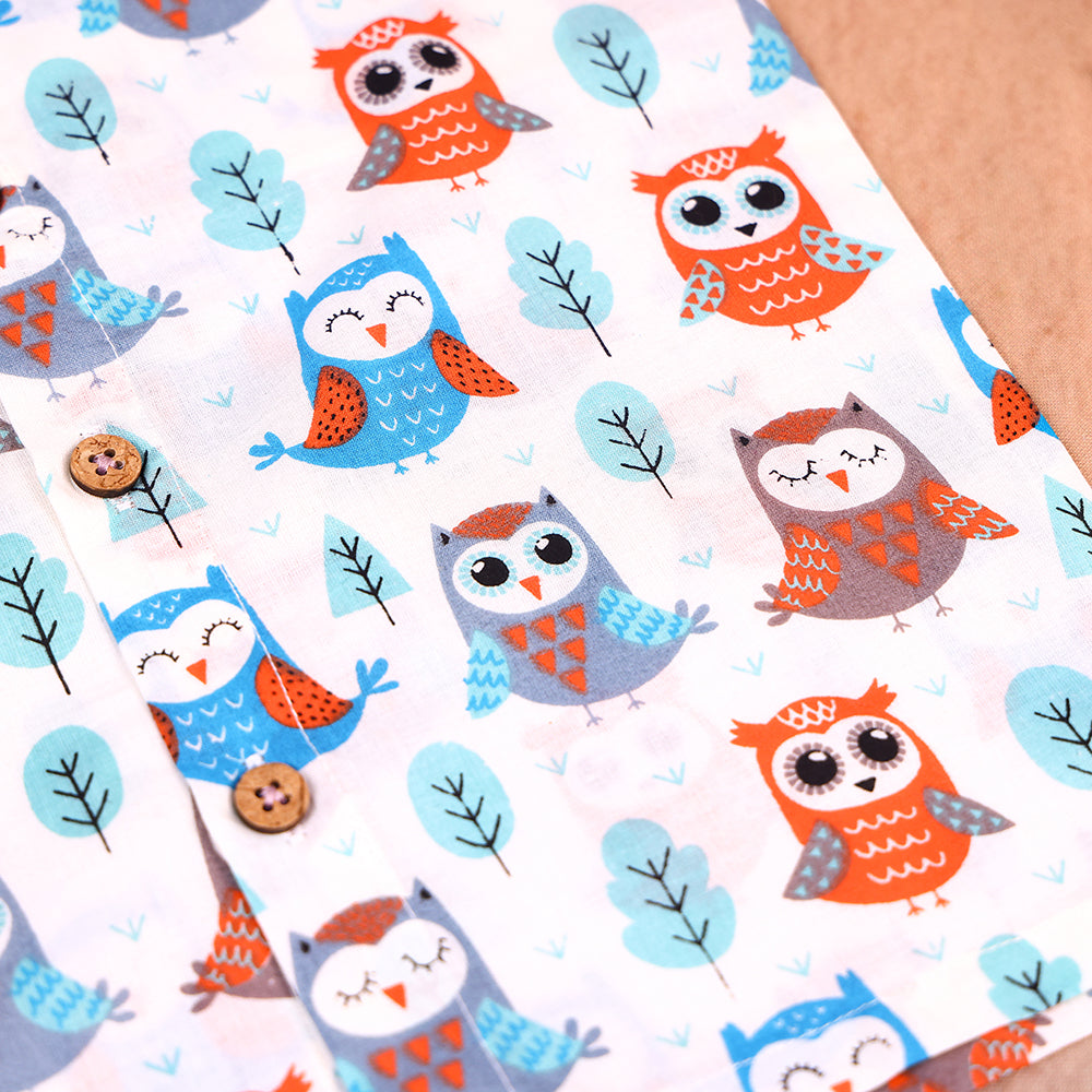 Cute Owl Print Cotton Jabla & Shorts Co-ord Set for Boys