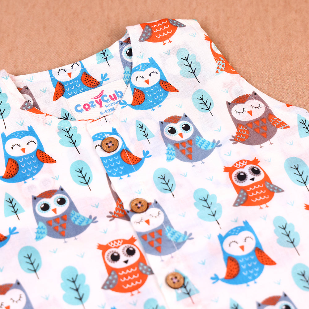 Cute Owl Print Cotton Jabla & Shorts Co-ord Set for Boys