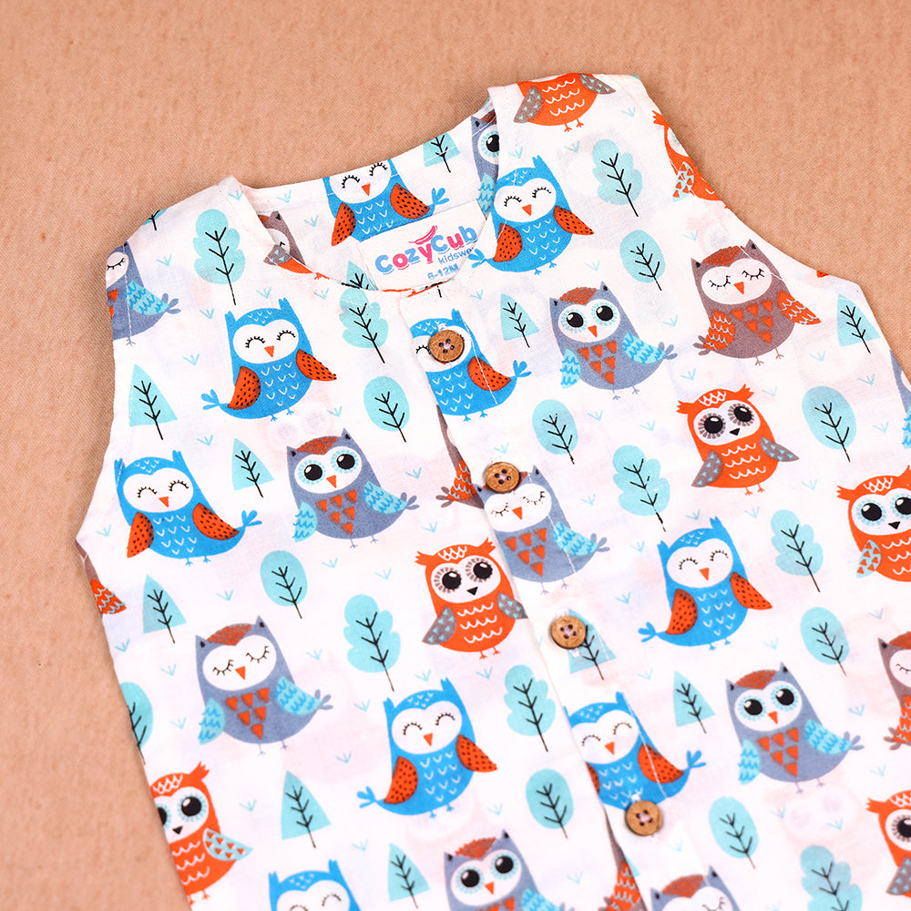 Cute Owl Print Cotton Jabla & Shorts Co-ord Set for Boys