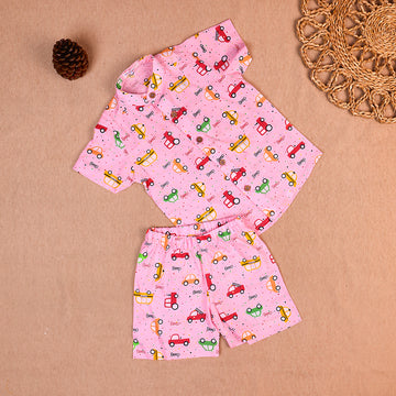 Candy Pink Car Print Cotton Co-ord Set for Boys
