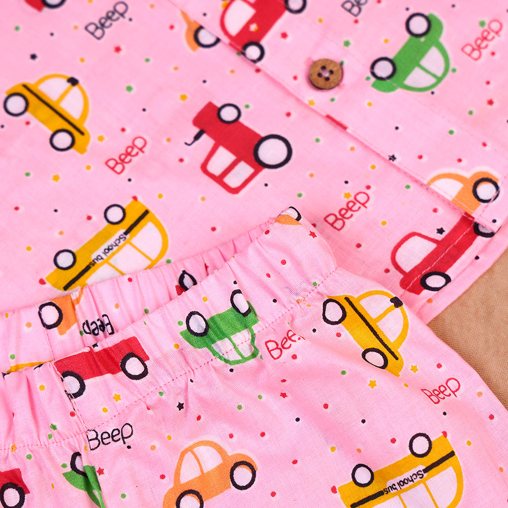 Candy Pink Car Print Cotton Co-ord Set for Boys