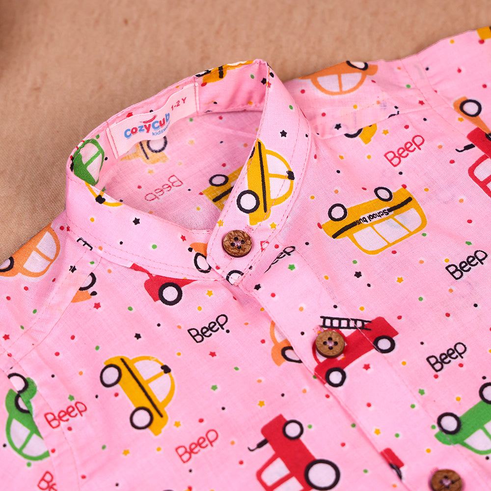 Candy Pink Car Print Cotton Co-ord Set for Boys