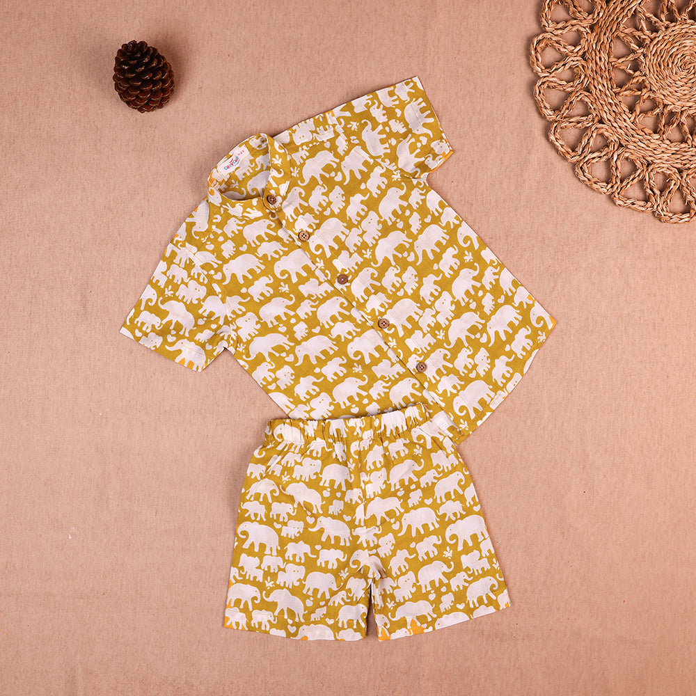 Mustard Elephant Print Cotton Co-ord Set for Boys