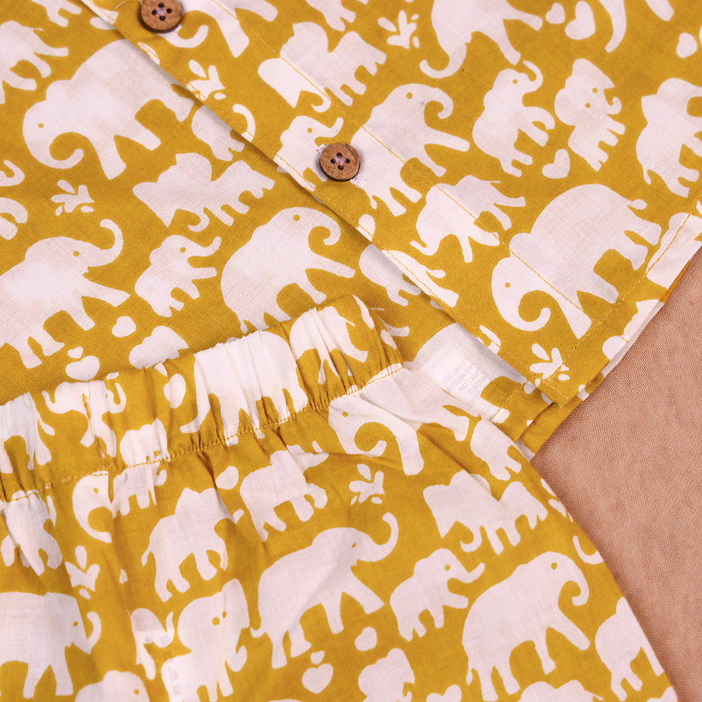 Mustard Elephant Print Cotton Co-ord Set for Boys