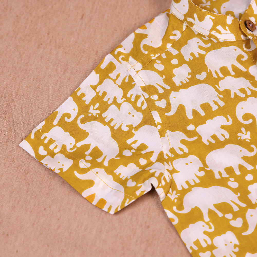 Mustard Elephant Print Cotton Co-ord Set for Boys