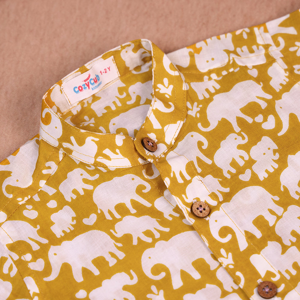 Mustard Elephant Print Cotton Co-ord Set for Boys