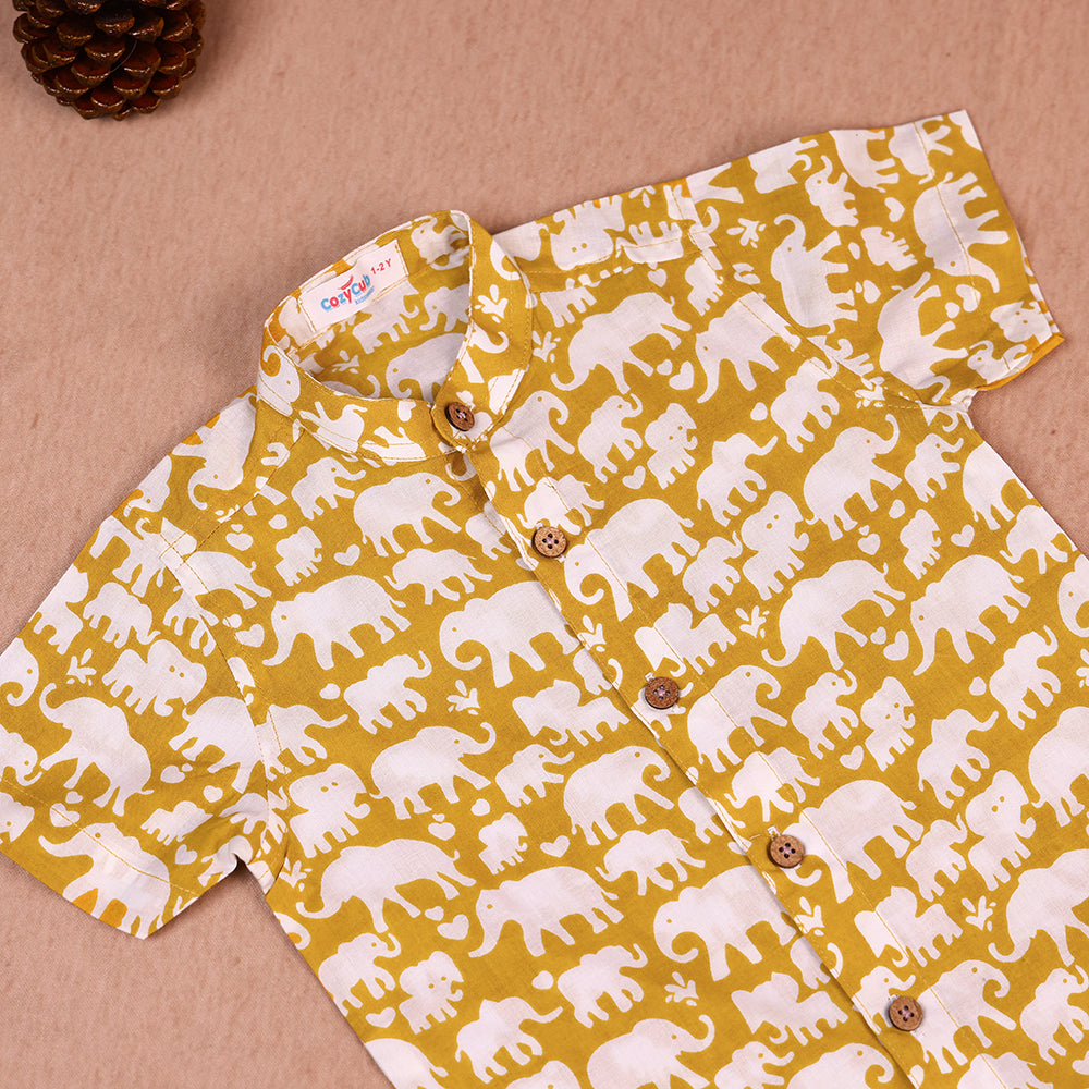Mustard Elephant Print Cotton Co-ord Set for Boys