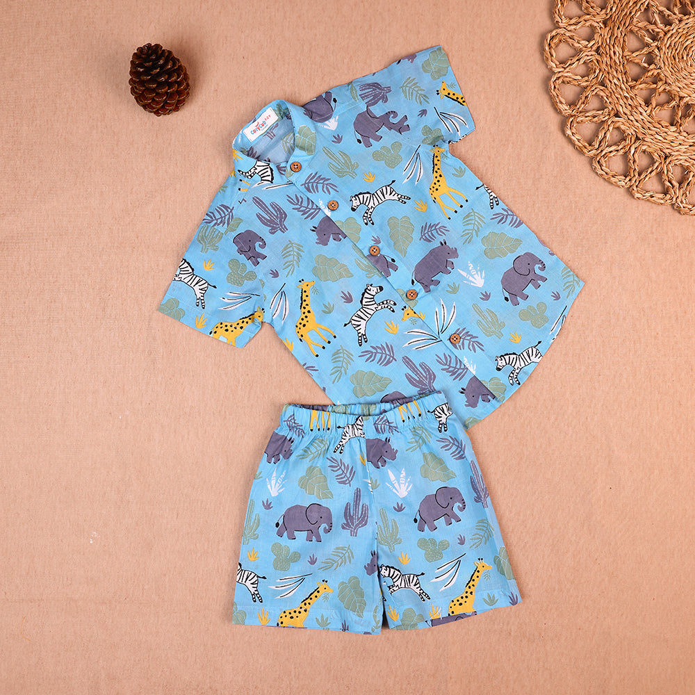 Sky Blue Safari Print Cotton Co-ord Set for Boys