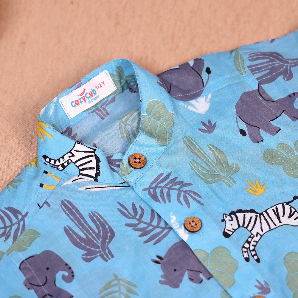 Sky Blue Safari Print Cotton Co-ord Set for Boys