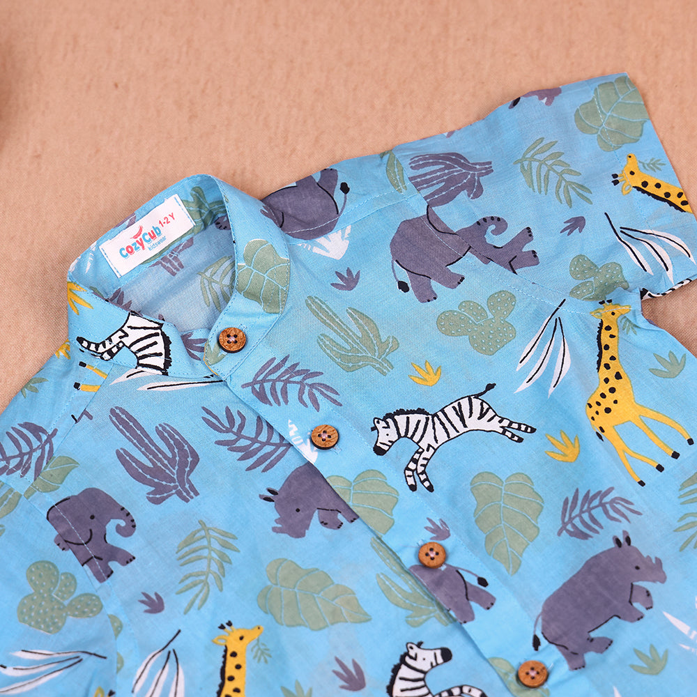 Sky Blue Safari Print Cotton Co-ord Set for Boys