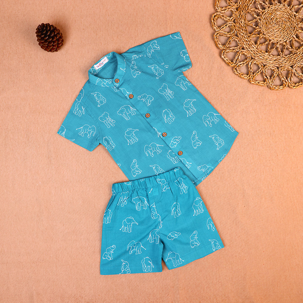 Teal Elephant Print Cotton Co-ord Set for Boys