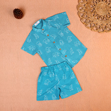 Teal Elephant Print Cotton Co-ord Set for Boys