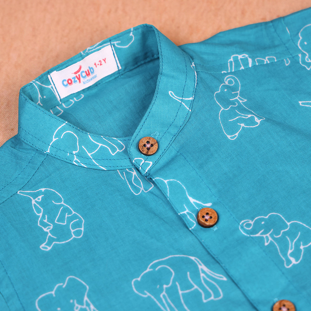 Teal Elephant Print Cotton Co-ord Set for Boys