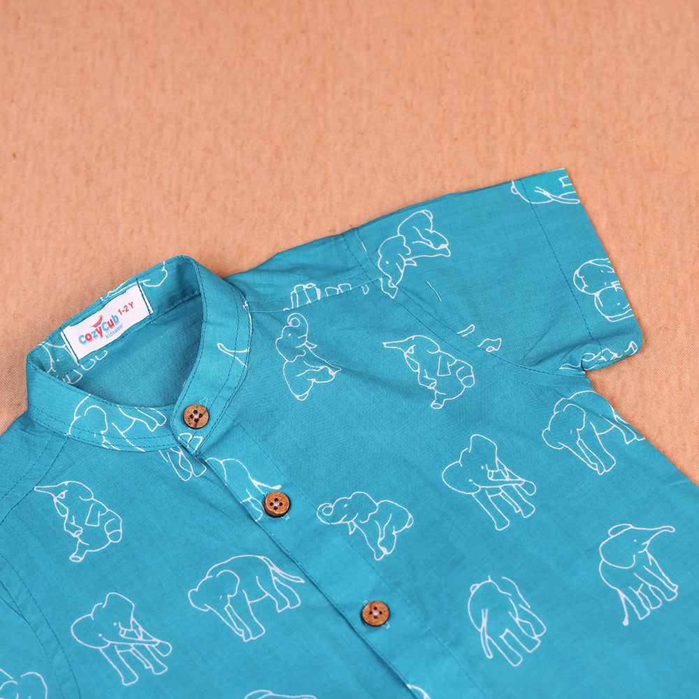 Teal Elephant Print Cotton Co-ord Set for Boys