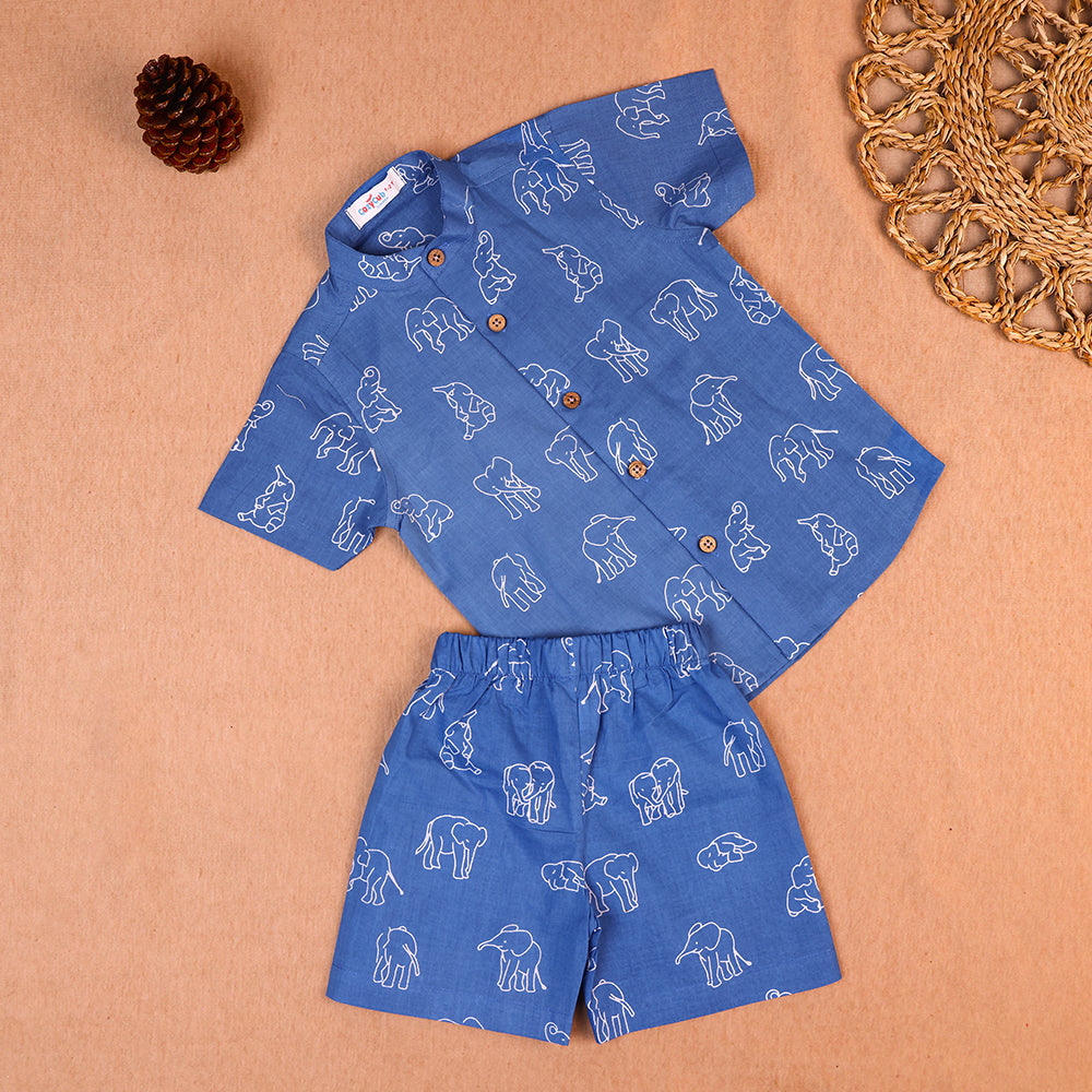 Royal Blue Elephant Print Cotton Co-ord Set for Boys