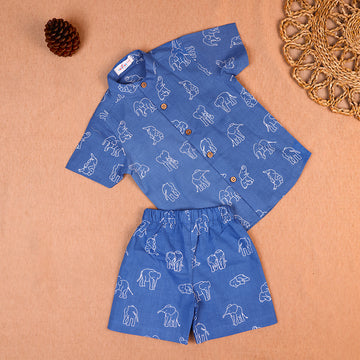 Royal Blue Elephant Print Cotton Co-ord Set for Boys