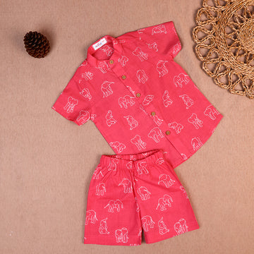 Coral Red Elephant Print Cotton Co-ord Set for Boys