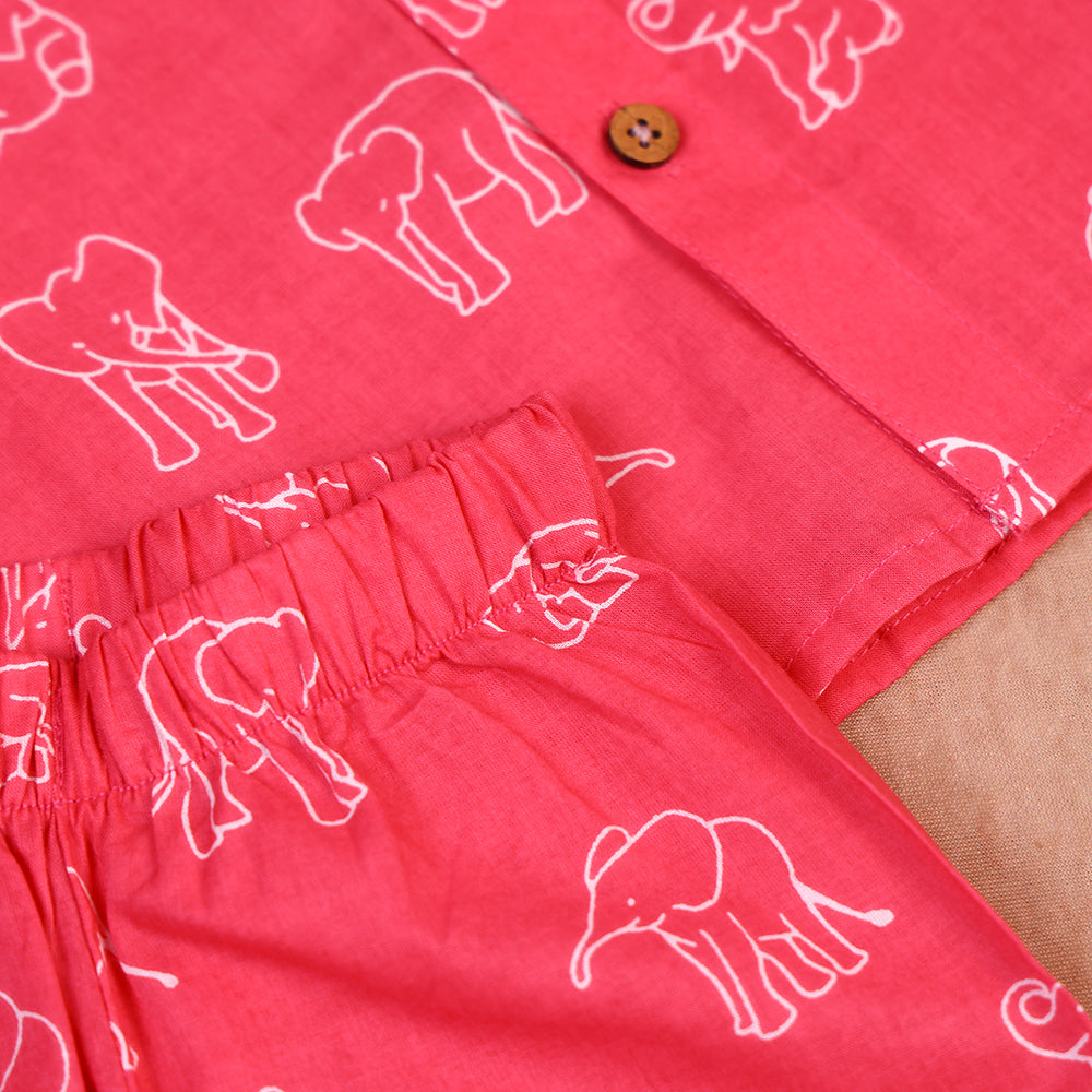 Coral Red Elephant Print Cotton Co-ord Set for Boys