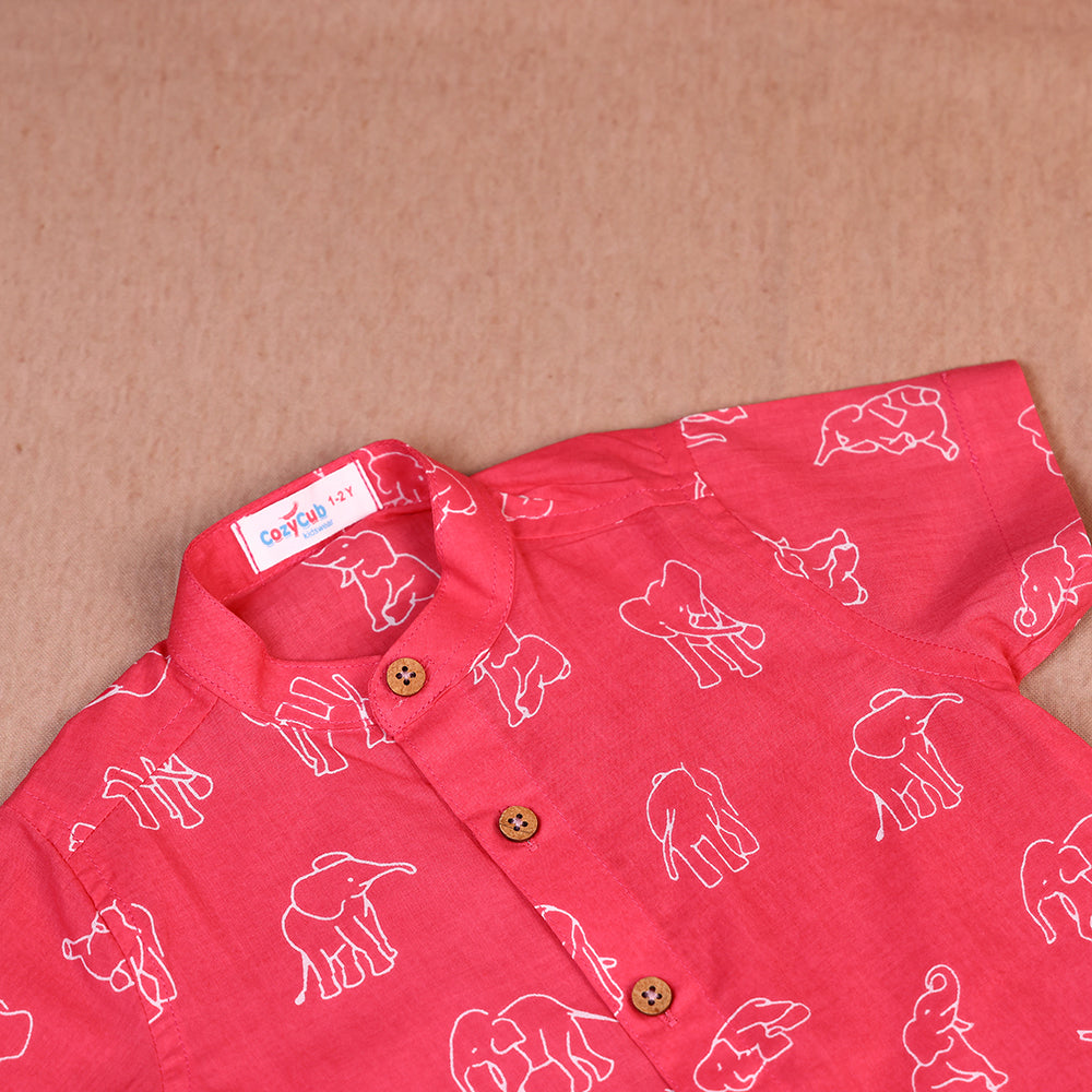 Coral Red Elephant Print Cotton Co-ord Set for Boys