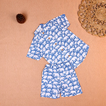 Sky Blue Elephant Print Cotton Co-ord Set for Boys