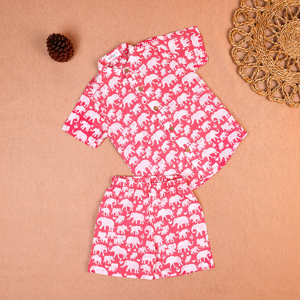 Bright Coral Elephant Print Cotton Co-ord Set for Boys