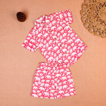 Bright Coral Elephant Print Cotton Co-ord Set for Boys