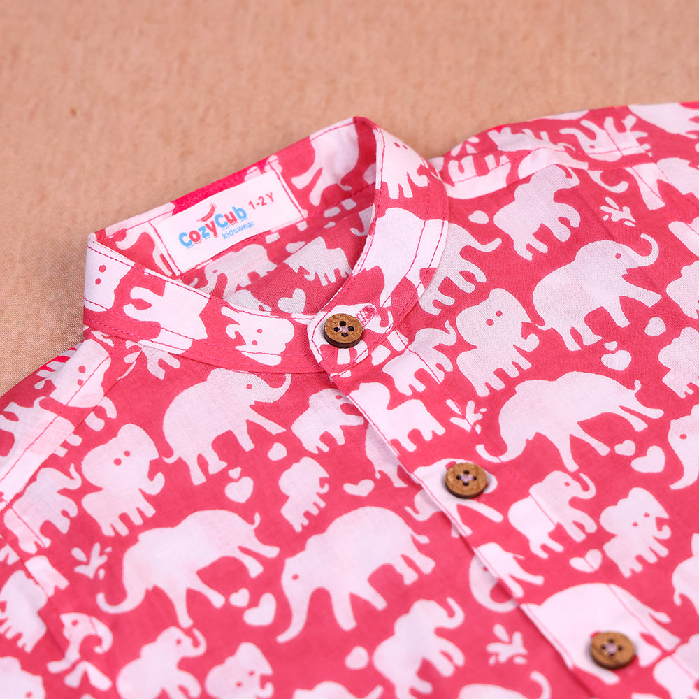 Bright Coral Elephant Print Cotton Co-ord Set for Boys