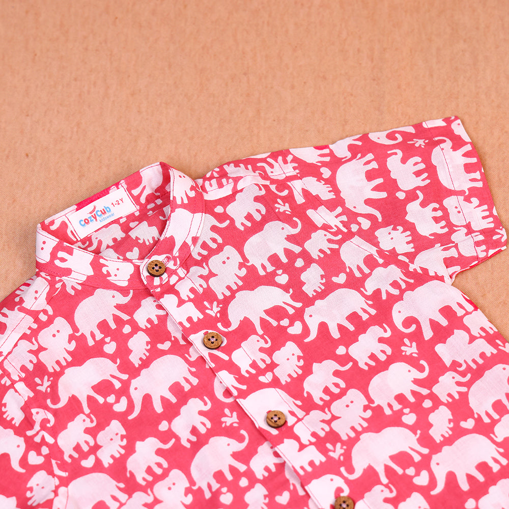 Bright Coral Elephant Print Cotton Co-ord Set for Boys
