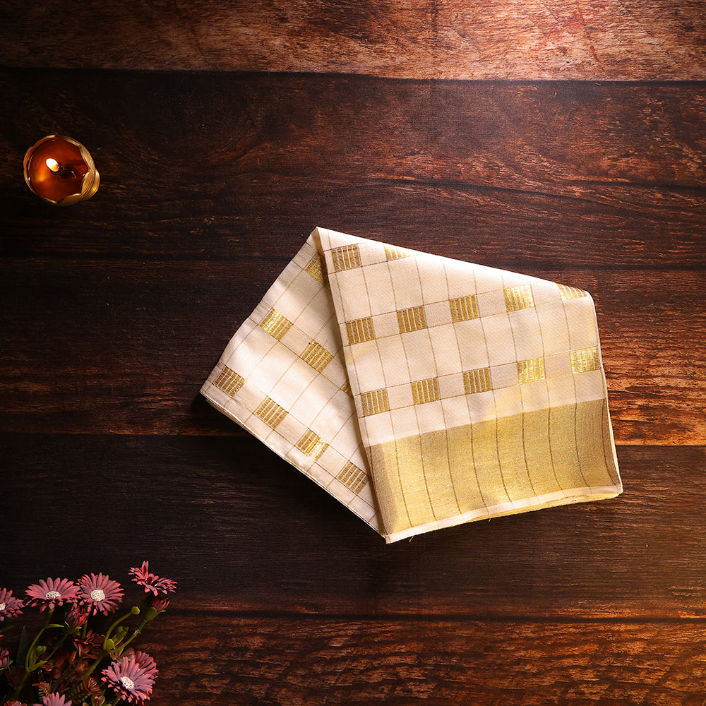 Golden Checkered Zari Border Cotton Dhoti