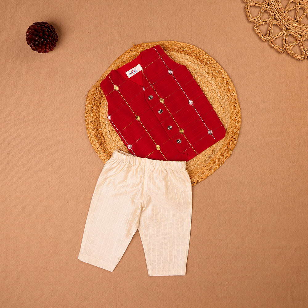Red Raw Silk Ethnic Vest & Pant Set