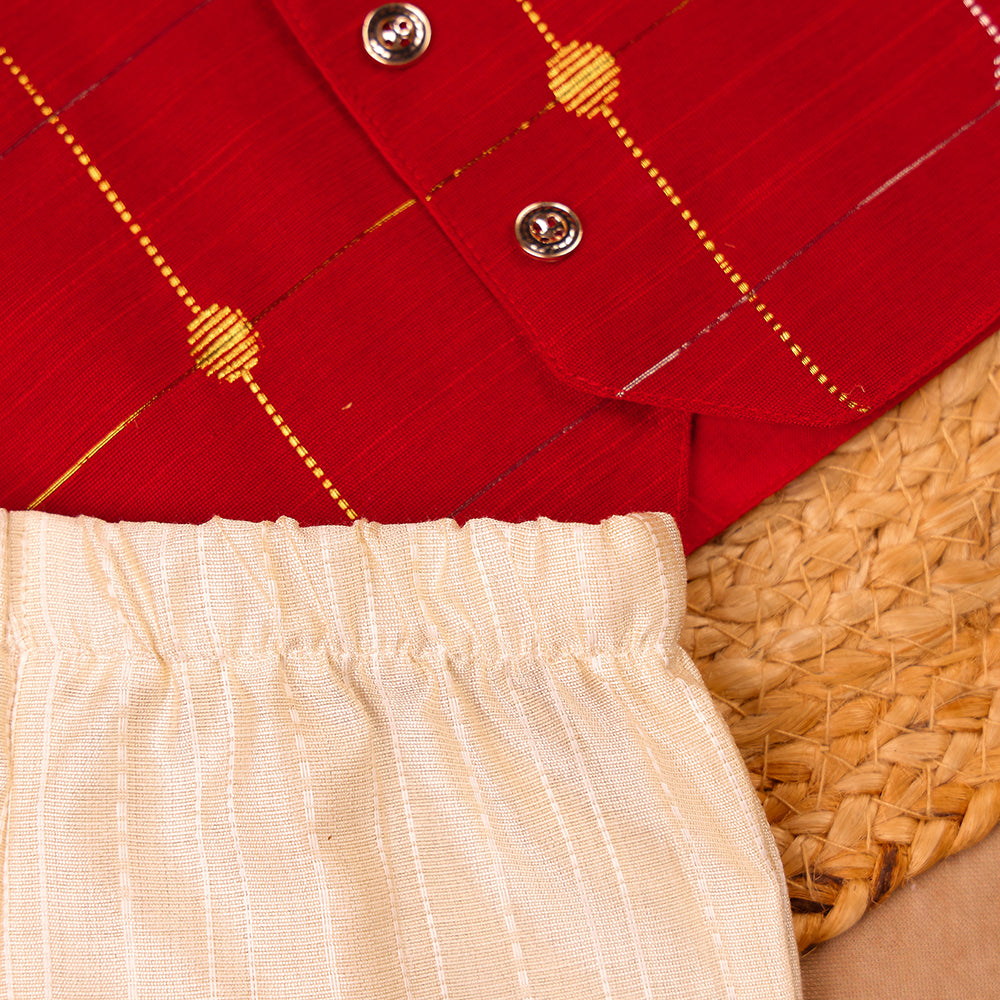Red Raw Silk Ethnic Vest & Pant Set