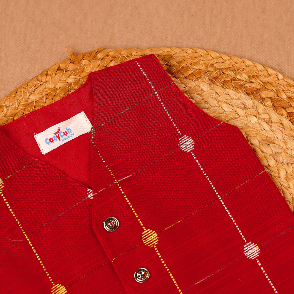 Red Raw Silk Ethnic Vest & Pant Set