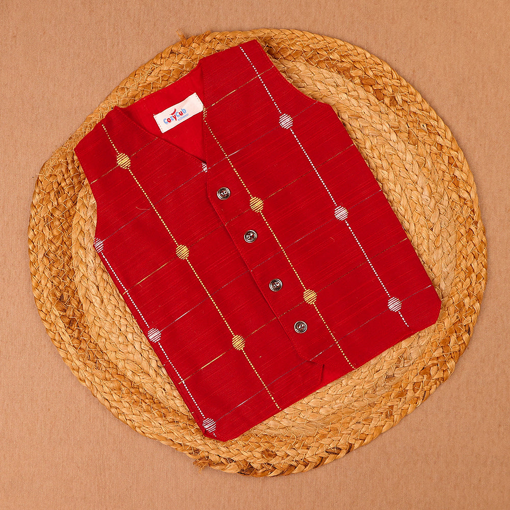 Red Raw Silk Ethnic Vest & Pant Set