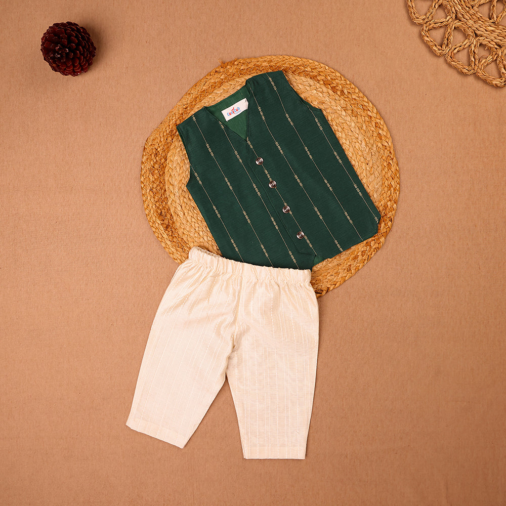 Bottle Green Raw Silk Ethnic Vest & Pant Set