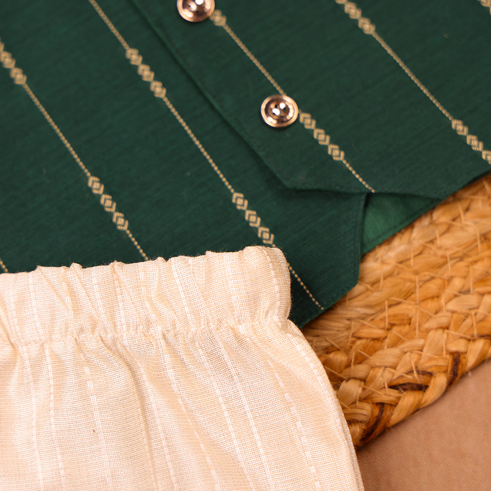 Bottle Green Raw Silk Ethnic Vest & Pant Set