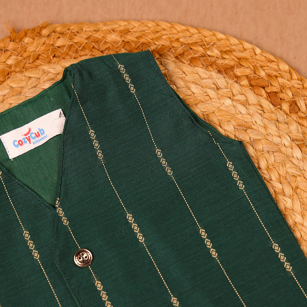 Bottle Green Raw Silk Ethnic Vest & Pant Set