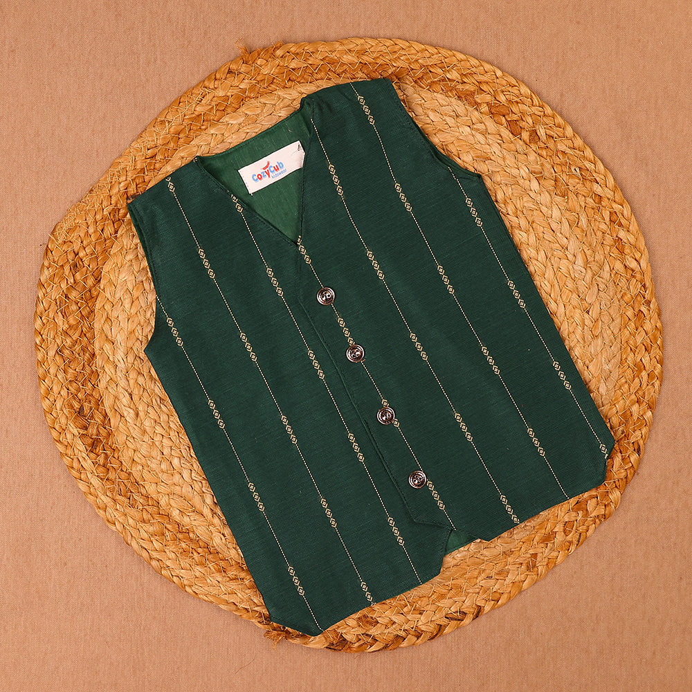 Bottle Green Raw Silk Ethnic Vest & Pant Set
