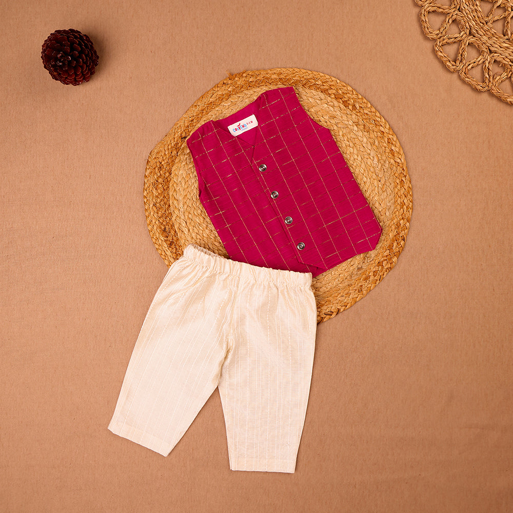 Fuchsia Raw Silk Ethnic Vest & Pant Set