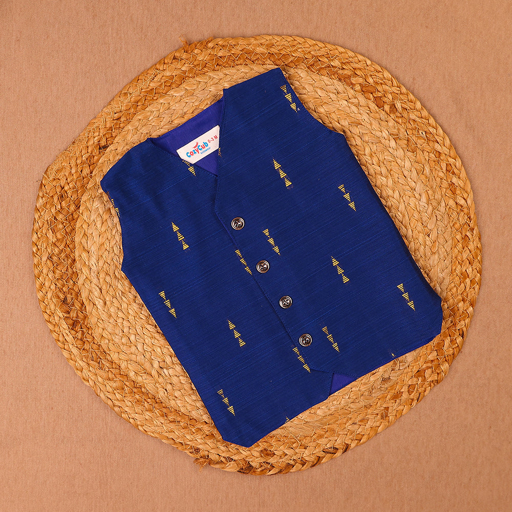 Navy Blue Raw Silk Ethnic Vest & Pant Set