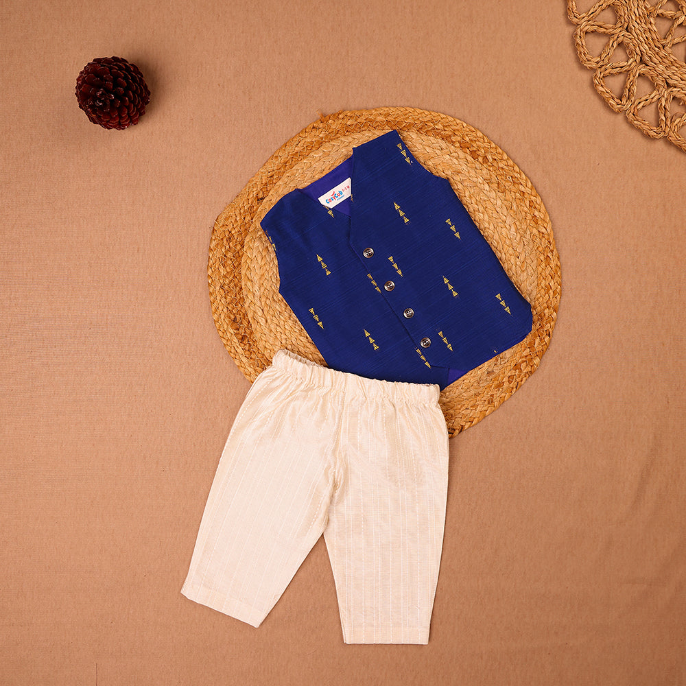 Navy Blue Raw Silk Ethnic Vest & Pant Set