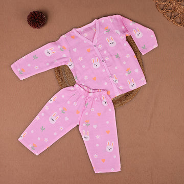 Cozy Bunny Muslin Night Suit Set – Pink