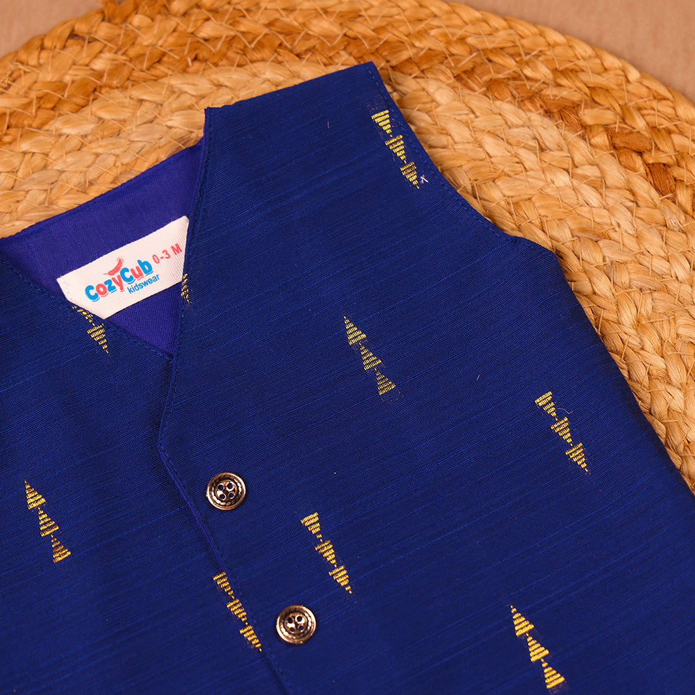 Navy Blue Raw Silk Ethnic Vest & Pant Set