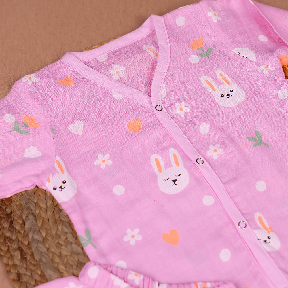 Cozy Bunny Muslin Night Suit Set – Pink