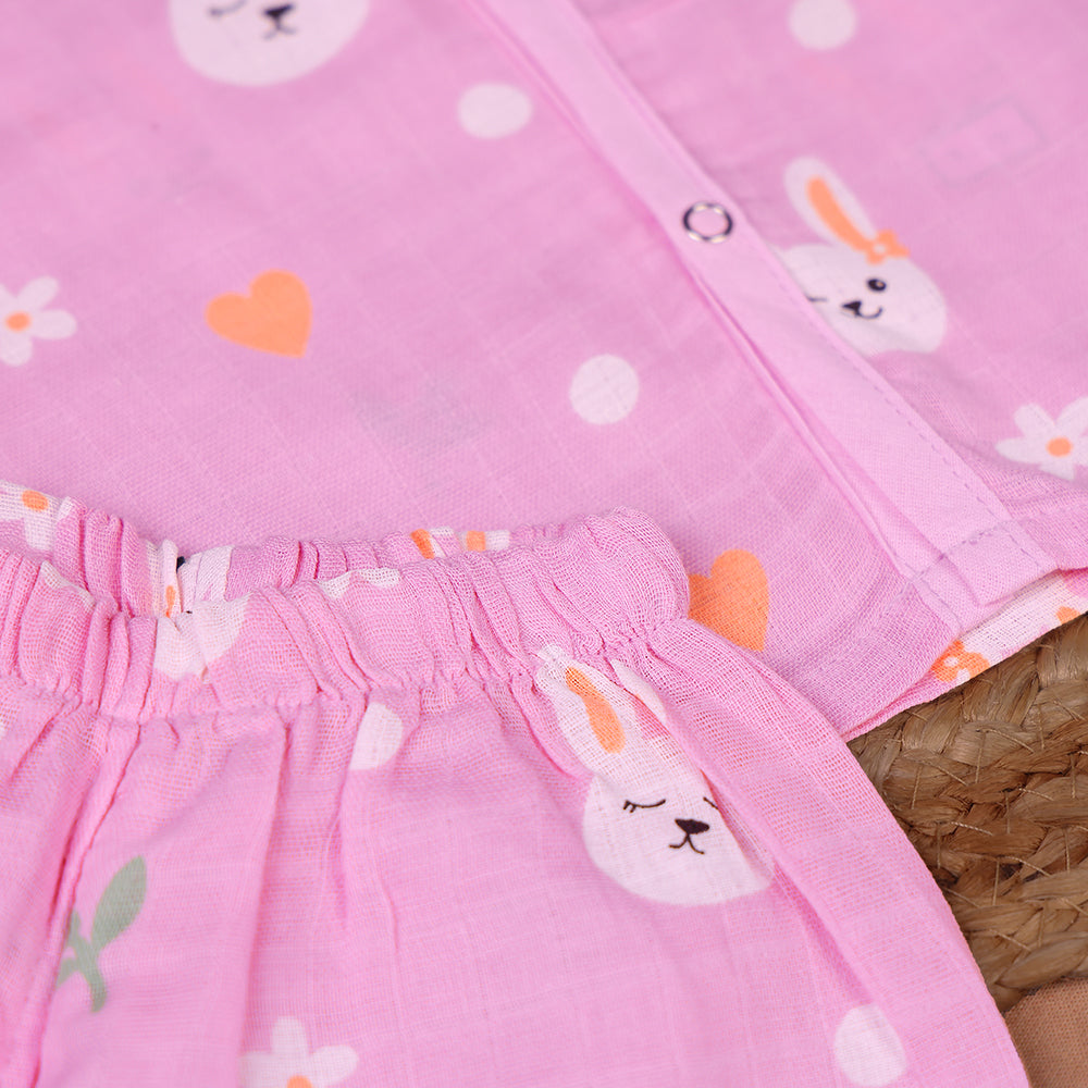 Cozy Bunny Muslin Night Suit Set – Pink