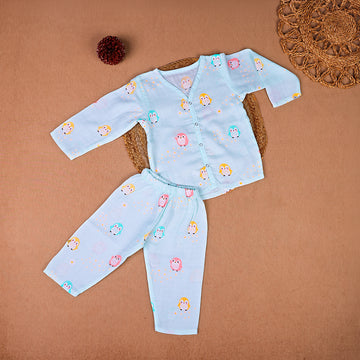 Penguin Party Muslin Night Suit Set – Mint Blue