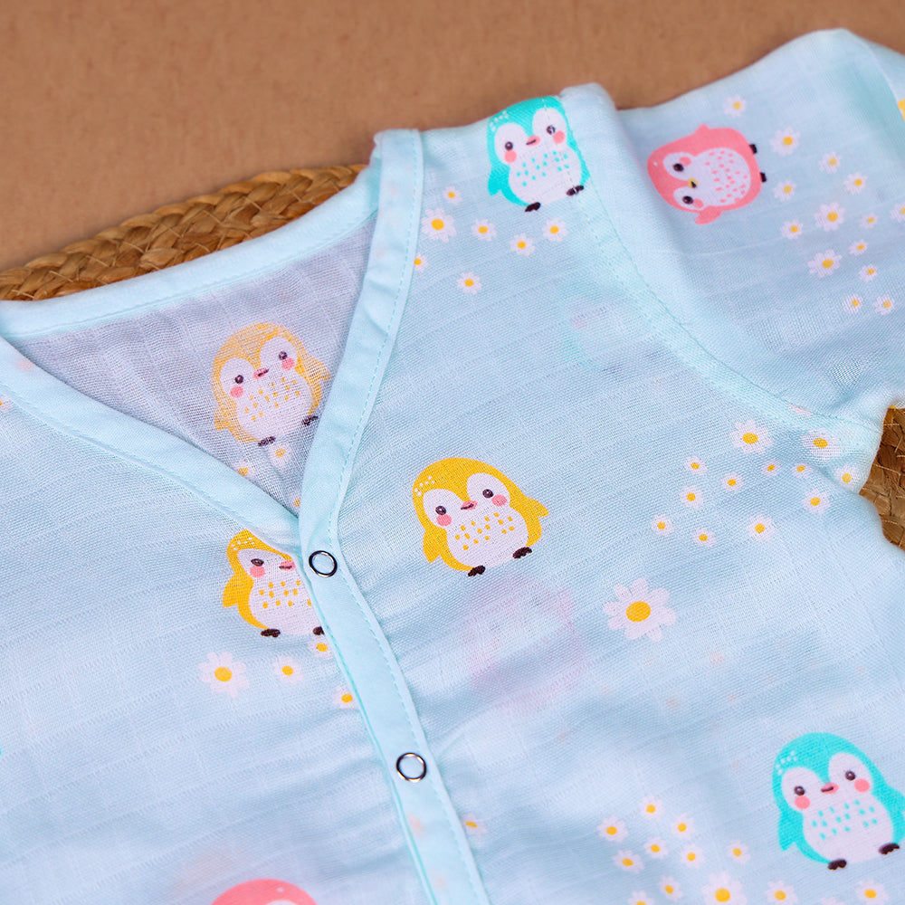 Penguin Party Muslin Night Suit Set – Mint Blue