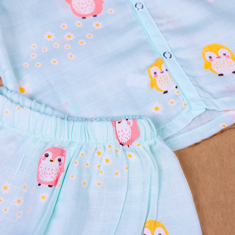 Penguin Party Muslin Night Suit Set – Mint Blue