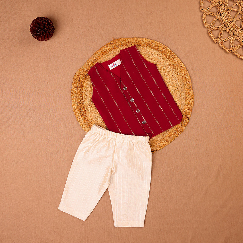 Maroon Raw Silk Ethnic Vest & Pant Set